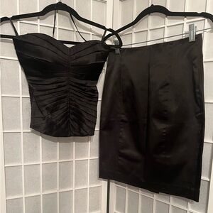 BEBE Black Satin Pencil Skirt & Satin Pleated Tube Top Set